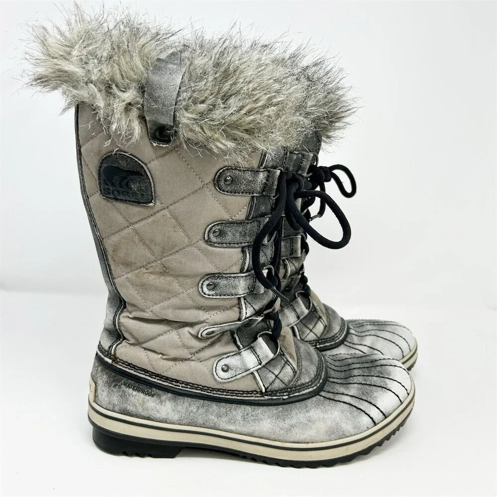 Sorel Tofino Waterproof Snow Boots Womens Gray Lace Up Faux Fur Trim Size 11